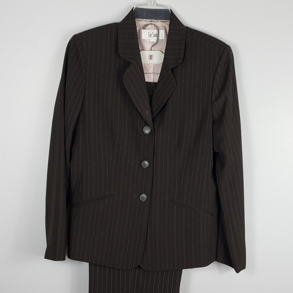 Womens Brown Pinstipe Pant Suit Blazer Set SZ 10